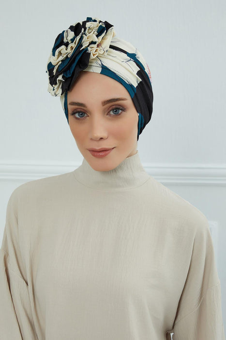 Fashionable High Quality Instant Turban Scarf Head Wrap made from Combed Cotton, Chemo Headwear with Beautiful Rose Patterns,B-21YD Midnight Blossoms