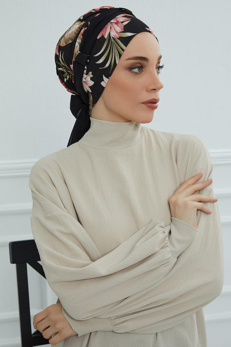 Instant Turban Cotton Scarf Head Wrap with Chiffon Headband, Lightweight Multicolor Headwear Bonnet Cap with Various Pattern Options,B-24YD Dark Forest - Black