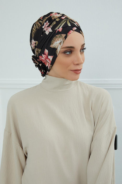 Printed Instant Turban for Women 95% Cotton Head Wrap, Lightweight Cancer Chemo Head Wear with Rose Detail at the Back Side,B-26YD Dark Forest