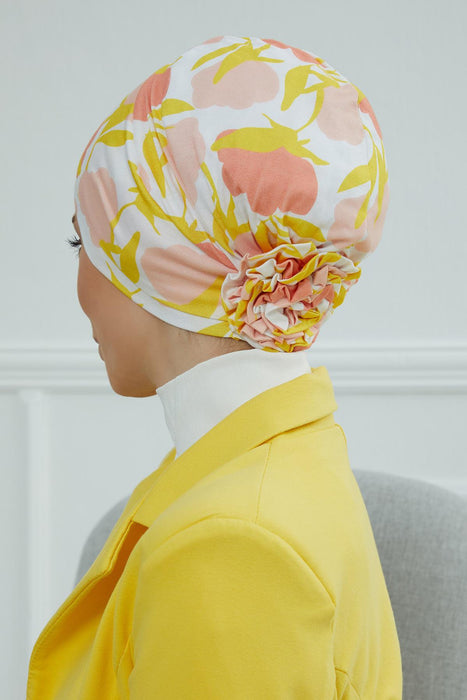 Cotton Printed Instant Turban Scarf For Women with Rose Detail at the Back Side, Stylish Patterned Elegant Turban Bonnet Cap,B-53YD Floral Sunrise