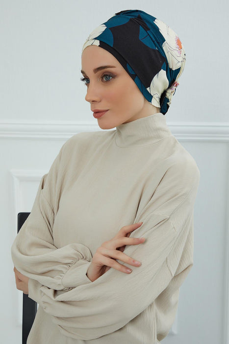 Cotton Printed Instant Turban Scarf For Women with Rose Detail at the Back Side, Stylish Patterned Elegant Turban Bonnet Cap,B-53YD Midnight Blossoms