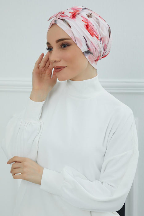 Handmade Instant Turban Bonnet Cap with Bow Tie on the Front Side, Fashionable Cotton Head Wrap Lightweight Head Scarf with Bow Tie,B-7YD Rose Garden