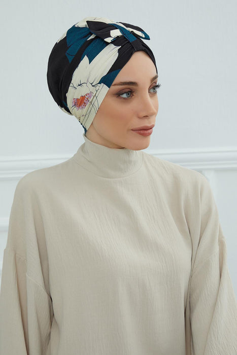 Handmade Instant Turban Bonnet Cap with Bow Tie on the Front Side, Fashionable Cotton Head Wrap Lightweight Head Scarf with Bow Tie,B-7YD Midnight Blossoms