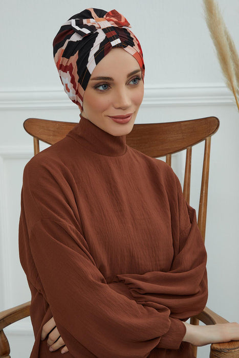 Handmade Instant Turban Bonnet Cap with Bow Tie on the Front Side, Fashionable Cotton Head Wrap Lightweight Head Scarf with Bow Tie,B-7YD Retro Waves