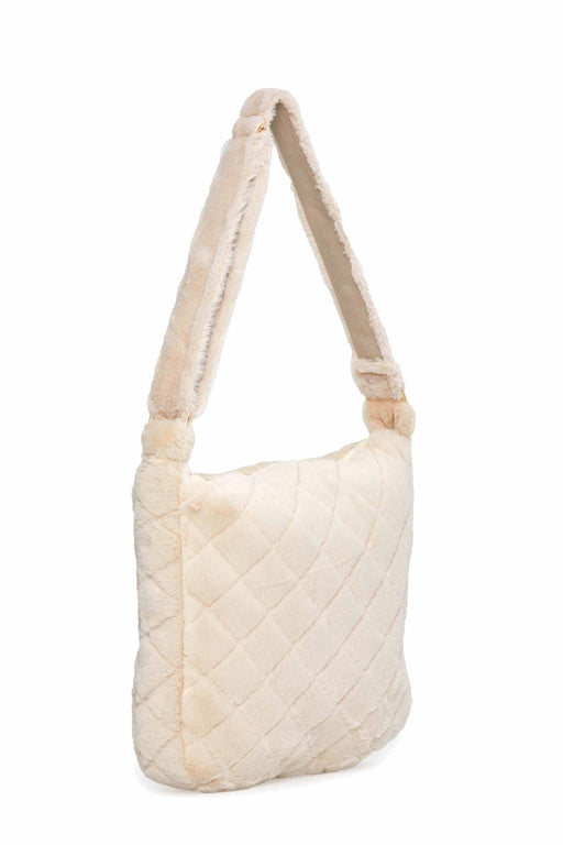 Plush and Zippered Shoulder Bag with Diamond Patterned Design, Large Casual Plush Women Shoulder Bag, Comfortable Casual Women Bag,C-41 Beige