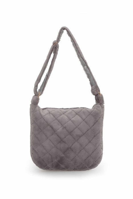 Plush and Zippered Shoulder Bag with Diamond Patterned Design, Large Casual Plush Women Shoulder Bag, Comfortable Casual Women Bag,C-41 Grey