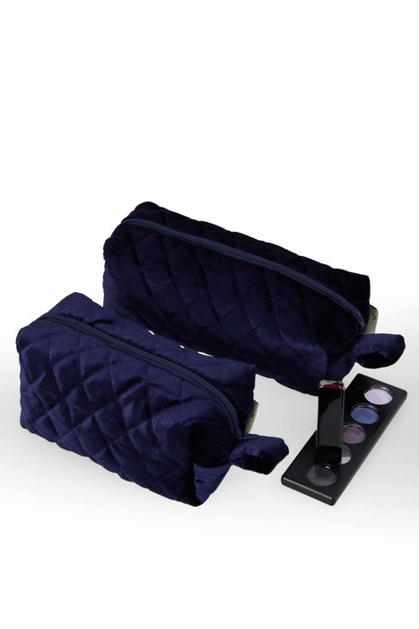 Velvet Zippered Makeup Bag with Handle, 10 x 4 Inches (25x10 cm.) Handmade Cosmetic Handbag, Elegant Soft Touch Makeup Bag for Women,CMB-7 Navy Blue