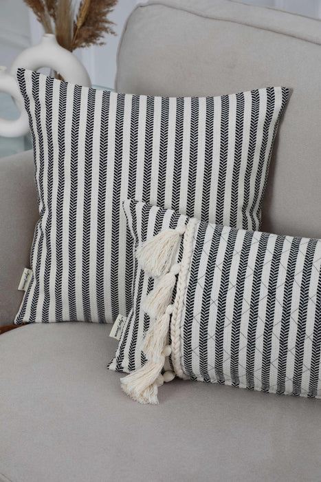 Tasseled Throw Pillow Cover with Striped-Patterns, 20x12 Inches High Quality and Comfortable Lumbar Pillow Cover, Farmhouse Pillow,K-247 Striped Pattern-Ivory