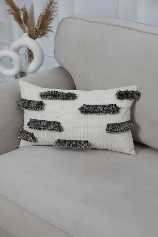 Decorative Throw Pillow Cover with Black and White Fringes, 20x12 Bohemian Lumbar Pillow Cover with a Fashionable Design,K-250 Ivory