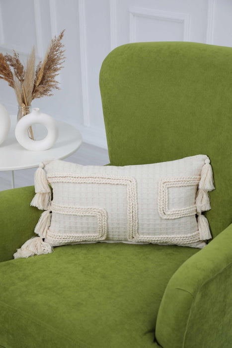 Boho Fashionable Geometric Throw Pillow Cover with Tassels 20x12 Inches Knitting Work Cotton Cushion Cover, Farmhouse Pillow Cover,K-251 Ivory