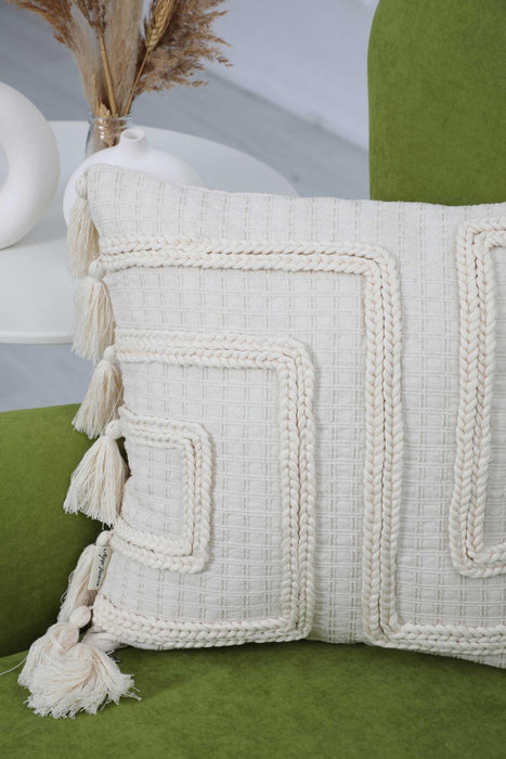 Boho Fashionable Geometric Throw Pillow Cover with Tassels 20x12 Inches Knitting Work Cotton Cushion Cover, Farmhouse Pillow Cover,K-251 Ivory