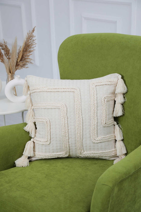 Boho Decorative Knitting Work Throw Pillow Cover with Beautiful Tassels, 18x18 Fashionable Throw Pillow Cover for Modern Living Rooms,K-254 Ivory