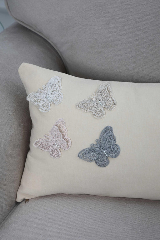 Solid Throw Pillow Cover with Lace Flying Butterflies, 20x12 Trendy Pillow Cover for Housewarming Gift, Fashionable Pillow Design,K-261 Ivory