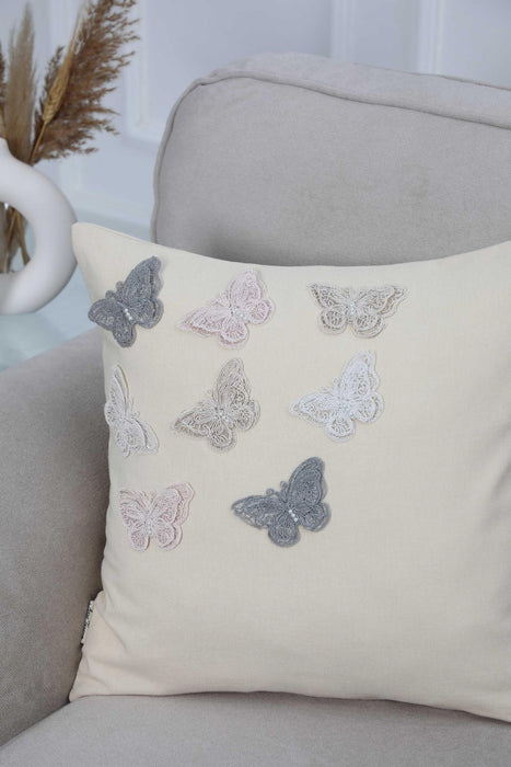 Fashionable Butterfly Pillow Cover, 18x18 Natural Linen Cushion Cover with Lace Butterflies, High Quality Animal Figured Pillow Cover,K-262 Ivory