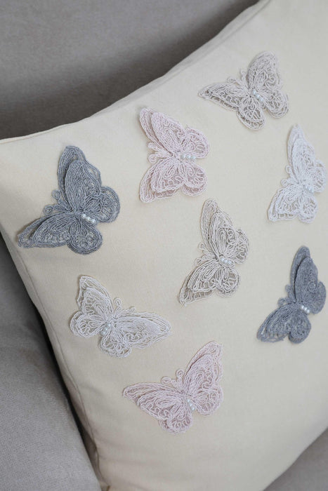 Fashionable Butterfly Pillow Cover, 18x18 Natural Linen Cushion Cover with Lace Butterflies, High Quality Animal Figured Pillow Cover,K-262 Ivory