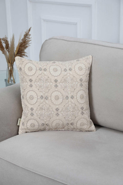 Boho Decorative 18x18 Throw Pillow Cover made from Linen Texture, Handicraft Trimmed Cushion Cover for Elegant Home Decors,K-264 Ivory