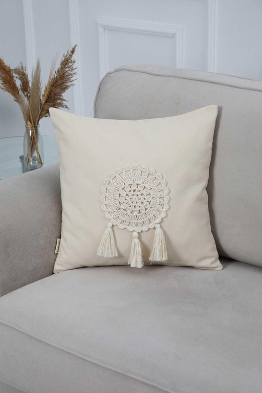 Tasseled Pillow Cover with Beautiful Hand Knitted Motif, Solid Pillow Cover with Hanging Tassels, 18x18 Inches Throw Pillow Cover,K-266 Ivory