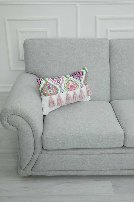 Tasseled 20x12 Pillow Cover with Adorable Patterns, Decorative Cushion Cover with Hanging Tassels, Stylish Lumbar Pillow Cover,K-273 Suzani Pattern 5 - Suzani Pattern 15