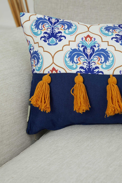 Tasseled 20x12 Pillow Cover with Adorable Patterns, Decorative Cushion Cover with Hanging Tassels, Stylish Lumbar Pillow Cover,K-273 Suzani Pattern 8 - Blue