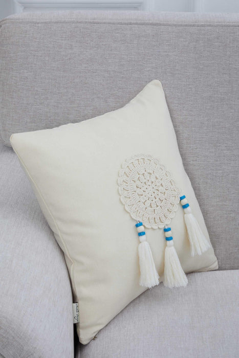 Tasseled Cushion Cover with Hand Knitted Motif, Solid Pillow Cover Design with Hanging Tassels, 18x18 Inches Throw Pillow Cover,K-275 Ivory