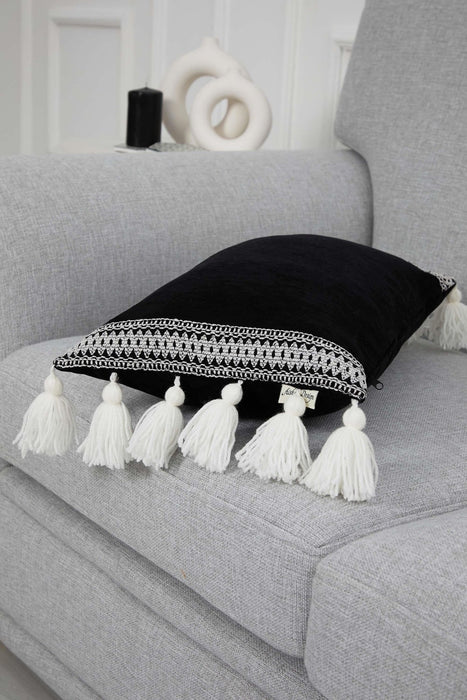 Tasseled Throw Pillow Cover with Beautiful Knitted Motifs, 20x12 Inches Solid Cushion Cover with Big Tassels, Couch Pillow Cover Decor,K-285 Black