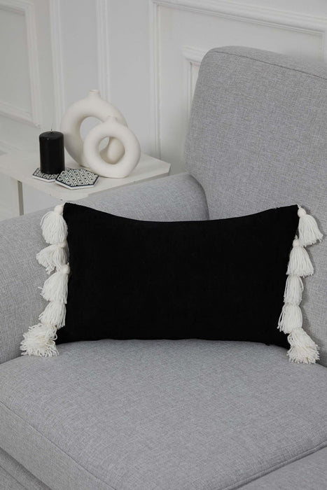 Tasseled Throw Pillow Cover with Beautiful Knitted Motifs, 20x12 Inches Solid Cushion Cover with Big Tassels, Couch Pillow Cover Decor,K-285 Black