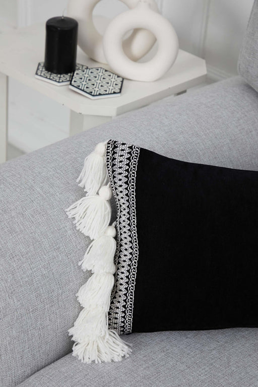 Tasseled Throw Pillow Cover with Beautiful Knitted Motifs, 20x12 Inches Solid Cushion Cover with Big Tassels, Couch Pillow Cover Decor,K-285 Black