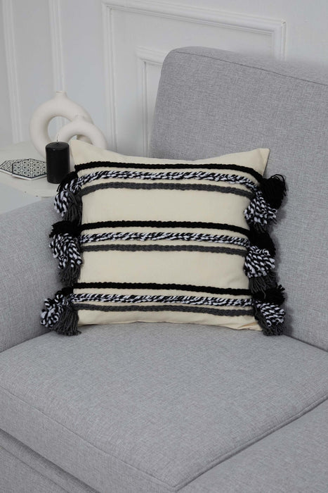 Handicraft Canvas Throw Pillow Cover with Knitted Tassels, 18x18 Inches Cushion Cover for Modern Living Rooms, Stylish Pillow Cover,K-288 Ivory