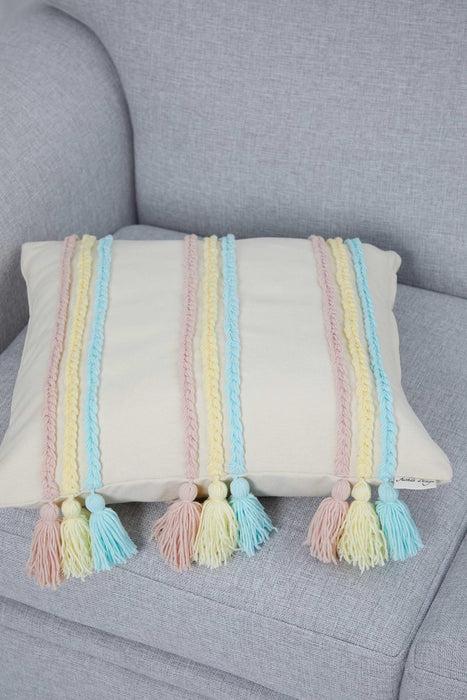 Handicraft Canvas Throw Pillow Cover with Knitted Tassels, 18x18 Inches Cushion Cover for Modern Living Rooms, Stylish Pillow Cover,K-288 Ivory - Blue