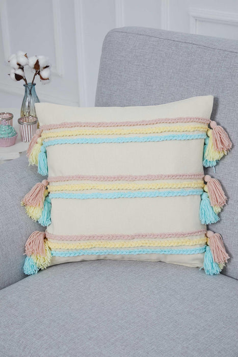 Handicraft Canvas Throw Pillow Cover with Knitted Tassels, 18x18 Inches Cushion Cover for Modern Living Rooms, Stylish Pillow Cover,K-288 Ivory - Blue