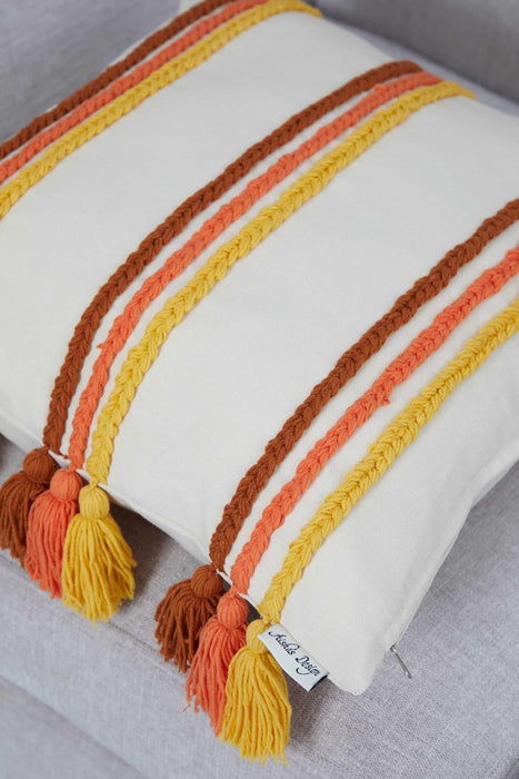 Handicraft Canvas Throw Pillow Cover with Knitted Tassels, 18x18 Inches Cushion Cover for Modern Living Rooms, Stylish Pillow Cover,K-288 Ivory - Orange