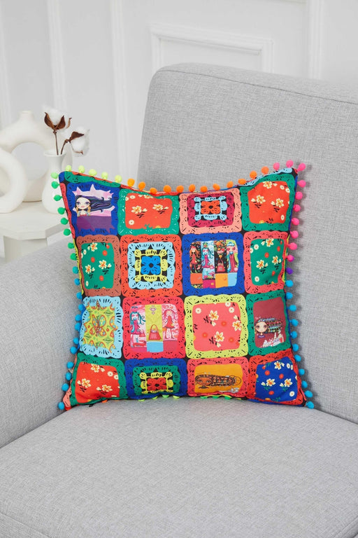 Boho Printed Throw Pillow Cover with Colourful Pom-poms, 18x18 Inches Digital Printed Rainbow Cushion Cover for Housewarming Gift,K-296 Suzani Pattern 40