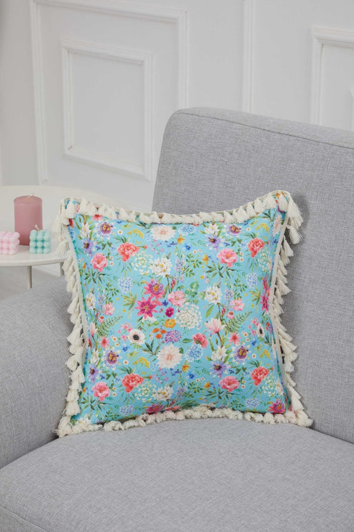 Floral Printed Throw Pillow Cover with Tassels, 18x18 Inches Polyester Cushion Covers for Elegant Home Decorations, Housewarming Gift,K-297 Suzani Pattern 50