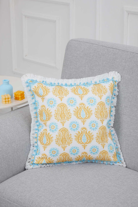 Artisanal Damask Fringe Pillow Cover, 18x18 Inches Stylish Throw Pillow Cover with Fringes and Pom-poms, Boho Style Pillow Cover,K-299 Sunny Medallion