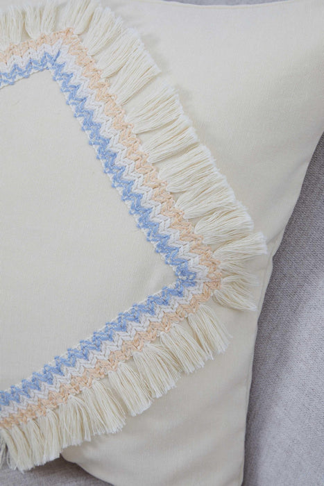 Fringed Handmade Cushion Cover, 18x18 Inches Decorative Throw Pillow Cover, Bohemian Style Pillow Cover for Modern Home Decorations,K-300 Ivory - Blue