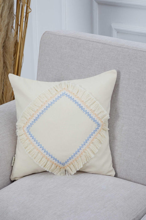 Fringed Handmade Cushion Cover, 18x18 Inches Decorative Throw Pillow Cover, Bohemian Style Pillow Cover for Modern Home Decorations,K-300 Ivory - Blue