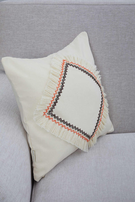 Fringed Handmade Cushion Cover, 18x18 Inches Decorative Throw Pillow Cover, Bohemian Style Pillow Cover for Modern Home Decorations,K-300 Ivory - Orange