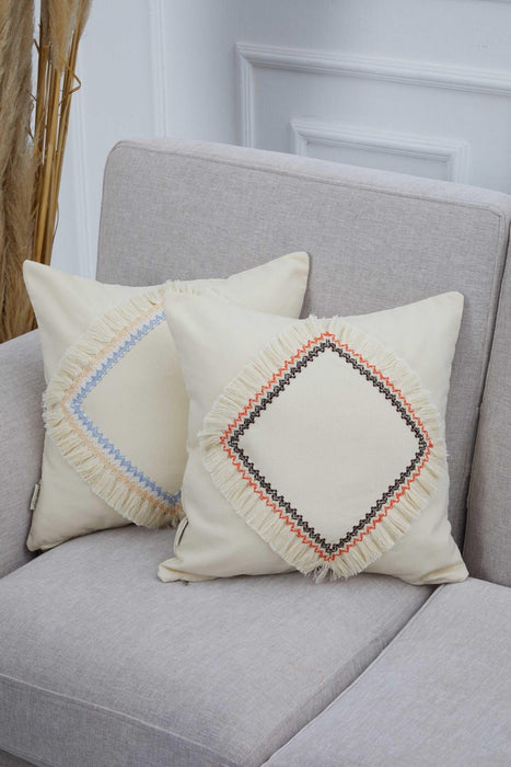 Fringed Handmade Cushion Cover, 18x18 Inches Decorative Throw Pillow Cover, Bohemian Style Pillow Cover for Modern Home Decorations,K-300 Ivory - Orange