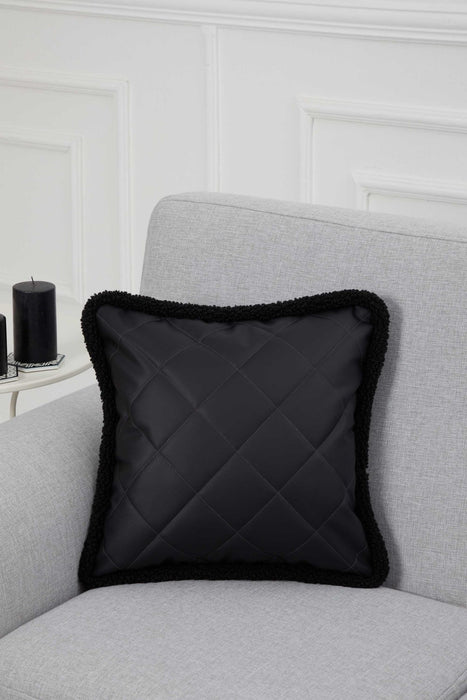 Luxe Faux Leather Quilted Pillow Cover with Teddy Edges, Solid Quilted Teddy Fabric Border Pillow Cover, 18x18 Inches Cushion Cover,K-305