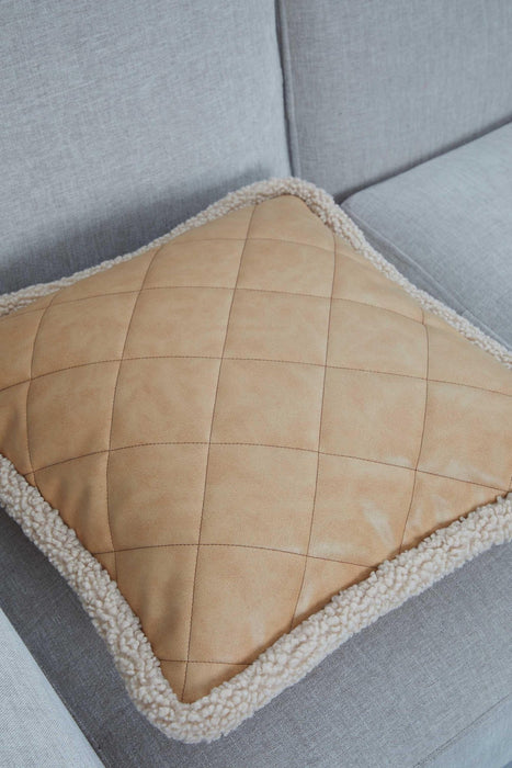 Luxe Faux Leather Quilted Pillow Cover with Teddy Edges, Solid Quilted Teddy Fabric Border Pillow Cover, 18x18 Inches Cushion Cover,K-305