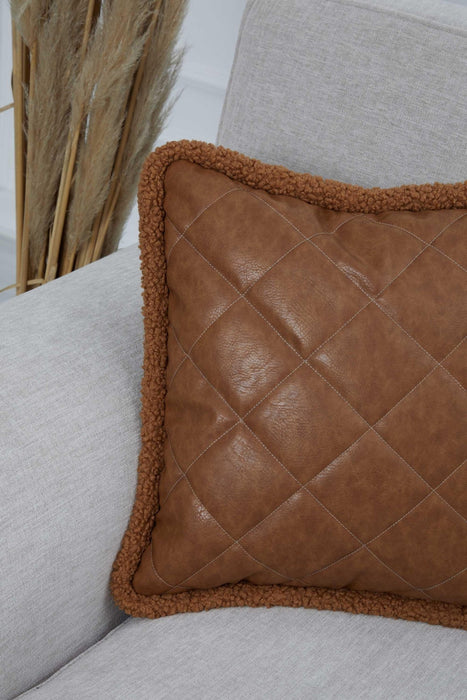 Luxe Faux Leather Quilted Pillow Cover with Teddy Edges, Solid Quilted Teddy Fabric Border Pillow Cover, 18x18 Inches Cushion Cover,K-305