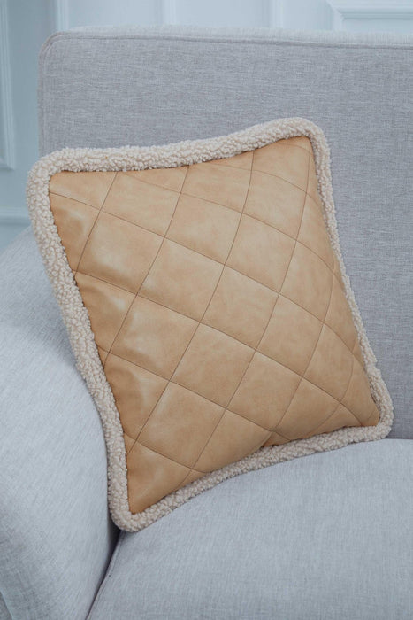 Luxe Faux Leather Quilted Pillow Cover with Teddy Edges, Solid Quilted Teddy Fabric Border Pillow Cover, 18x18 Inches Cushion Cover,K-305