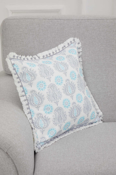 Anatolian-Patterned Cushion Cover with Fringed Edges and Cute Pom-Poms, 18x18 Inches Stylish and Decorative Throw Pillow Cover,K-311 Suzani Pattern 63