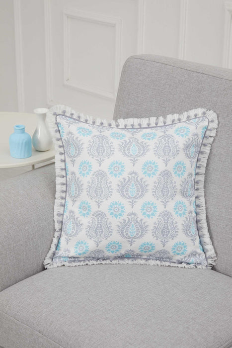 Anatolian-Patterned Cushion Cover with Fringed Edges and Cute Pom-Poms, 18x18 Inches Stylish and Decorative Throw Pillow Cover,K-311 Suzani Pattern 63