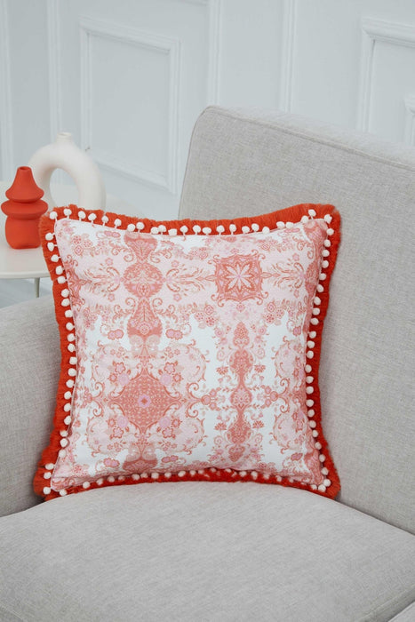 Anatolian-Patterned Cushion Cover with Fringed Edges and Cute Pom-Poms, 18x18 Inches Stylish and Decorative Throw Pillow Cover,K-311 Suzani Pattern 90