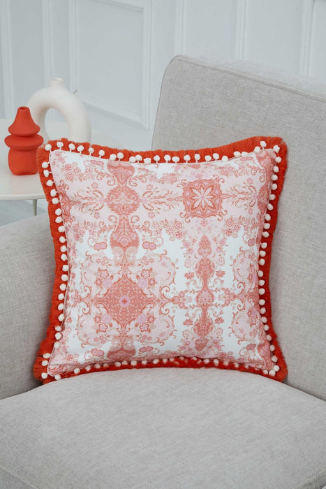 Anatolian-Patterned Cushion Cover with Fringed Edges and Cute Pom-Poms, 18x18 Inches Stylish and Decorative Throw Pillow Cover,K-311 Suzani Pattern 90