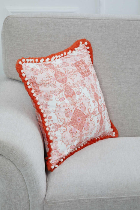 Anatolian-Patterned Cushion Cover with Fringed Edges and Cute Pom-Poms, 18x18 Inches Stylish and Decorative Throw Pillow Cover,K-311 Suzani Pattern 90