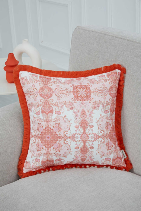 Anatolian-Patterned Cushion Cover with Fringed Edges and Cute Pom-Poms, 18x18 Inches Stylish and Decorative Throw Pillow Cover,K-311 Suzani Pattern 90