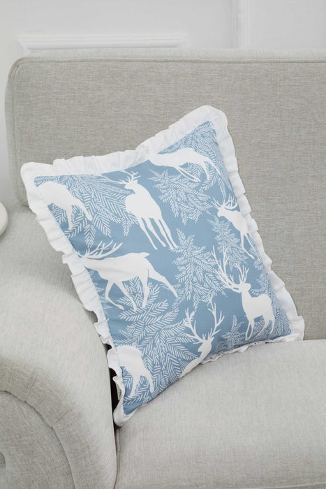 Winter Woodland Deer Pillow Cover, 18x18 Inches Ruffled Edge Cushion Cover, Blue Nature-Inspired Pillow Cover Decoration,K-313