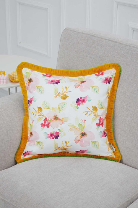 Floral Fringed Pillow Cover, Vibrant Blossom 18x18 Inches Cushion Cover for Living Room Decoration, Spring Square Pillow Cover Design,K-314 Suzani Pattern 75